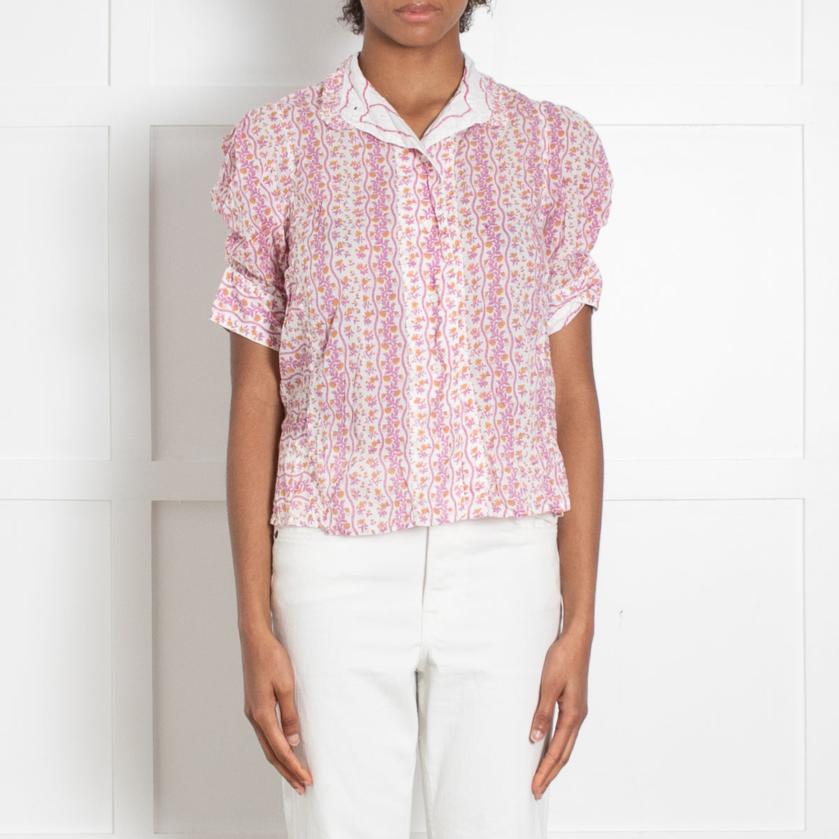 Thierry Colson Purple White  Orange Floral Print Short Sleeve Blouse