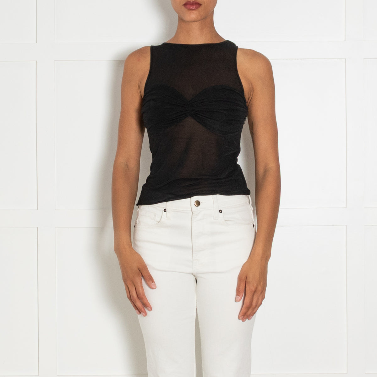 Reformation Black Sheer Tank Top With Ruched Chest Detail
