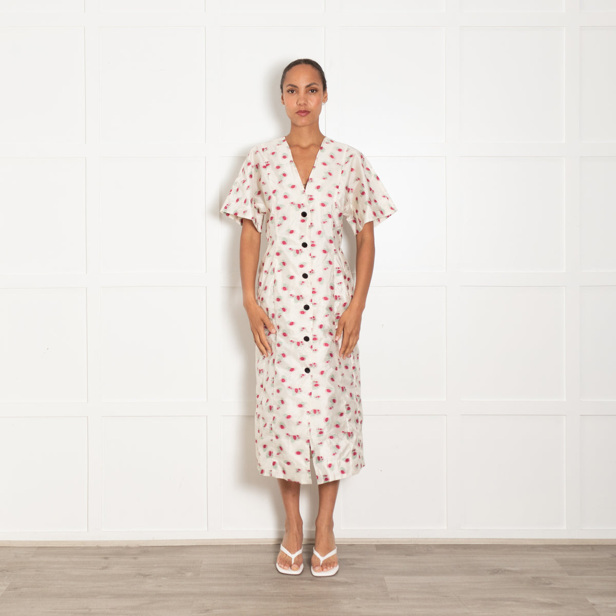 Ganni Cream Pink Floral Print Short Sleeve Midi Dress