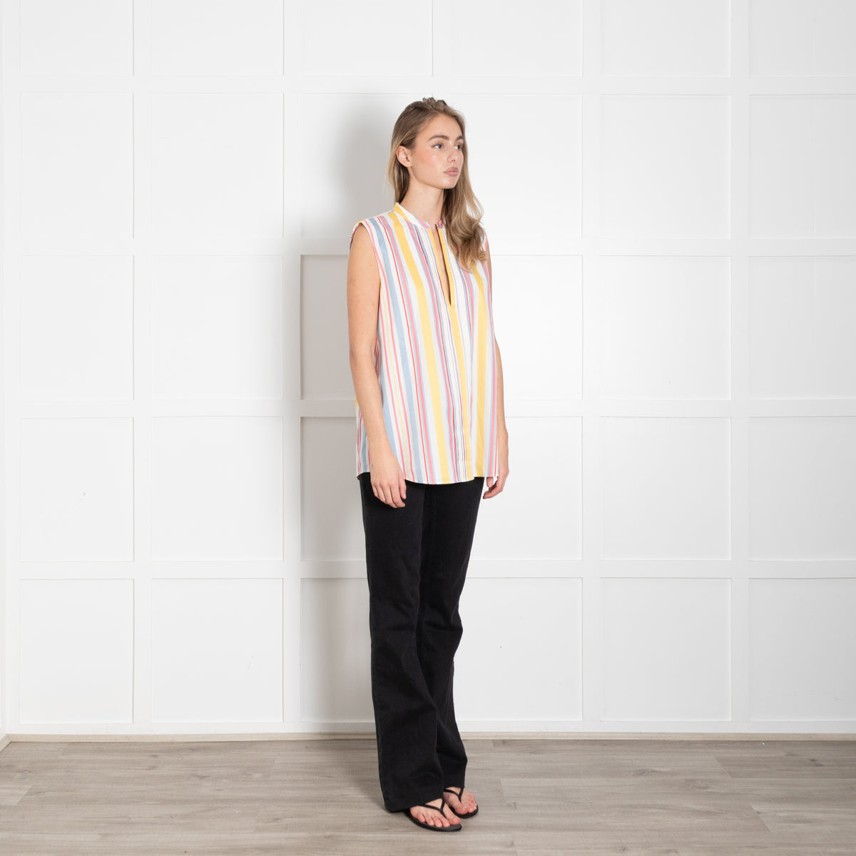 Loro Piana Cream Blue Yellow Striped Sleeveless Cotton Top