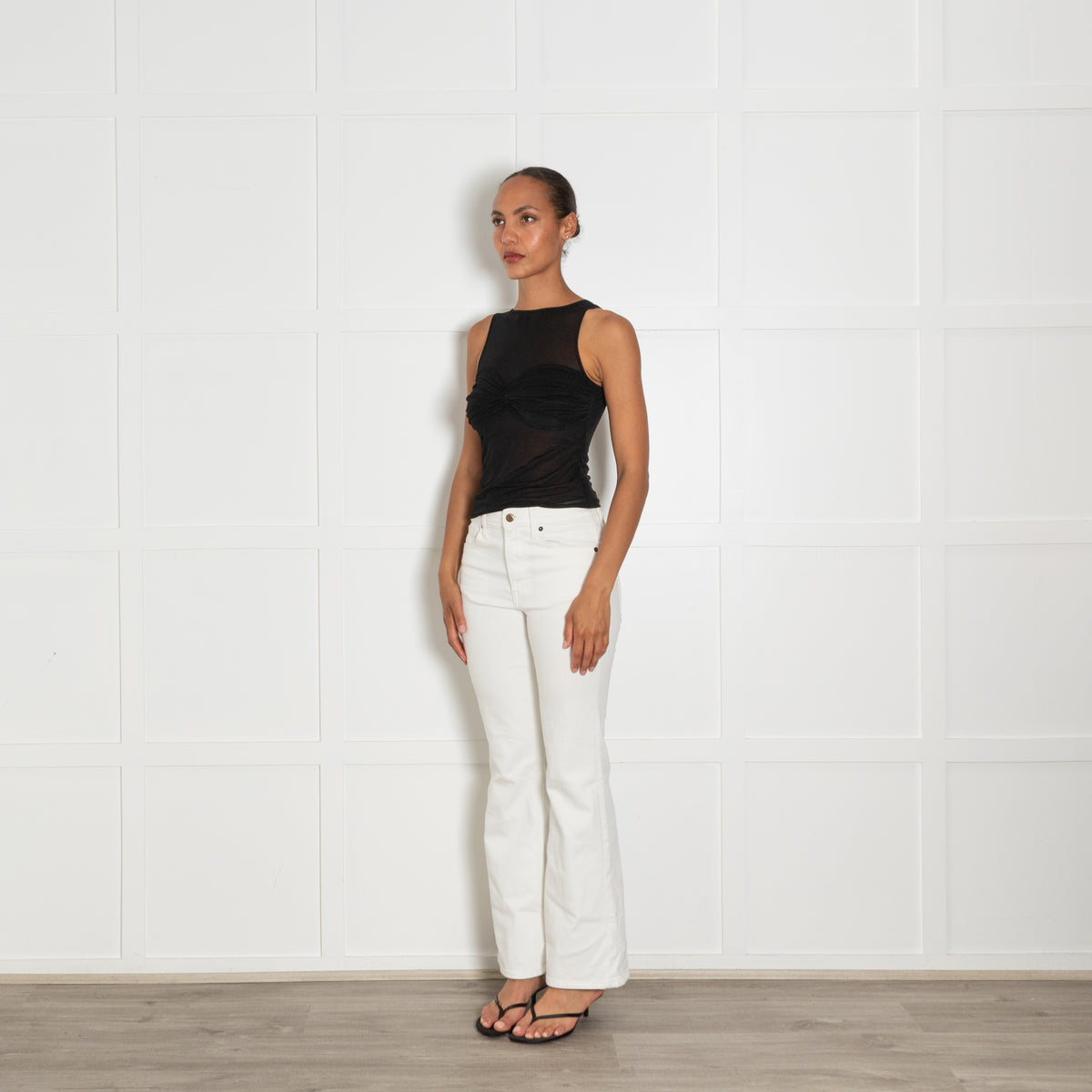 Reformation Black Sheer Tank Top With Ruched Chest Detail
