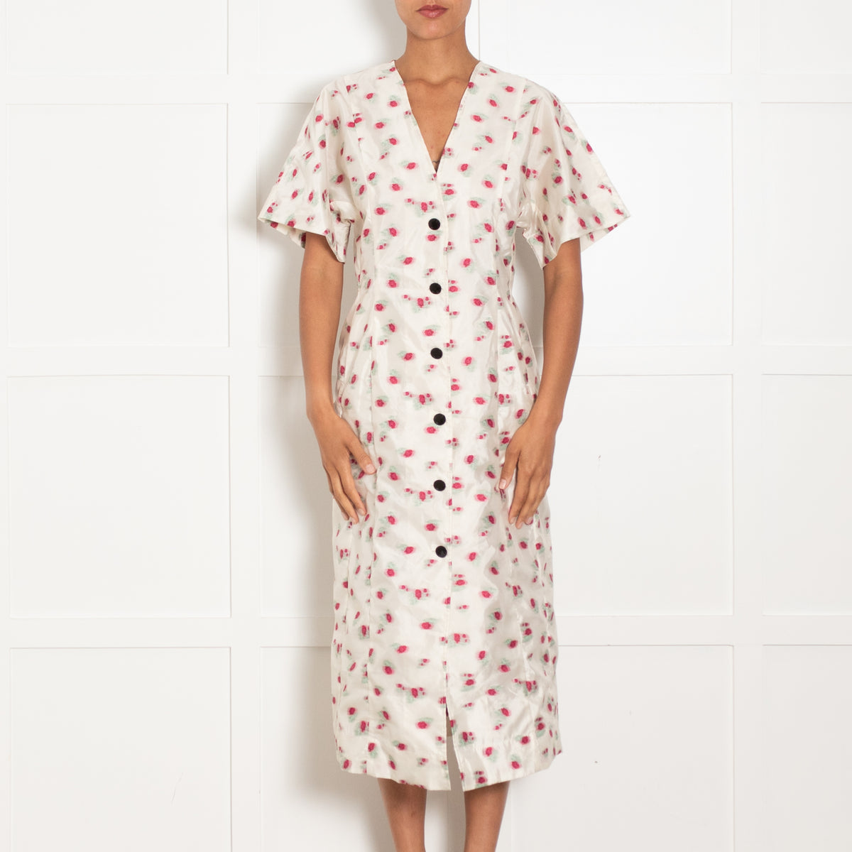 Ganni Cream Pink Floral Print Short Sleeve Midi Dress