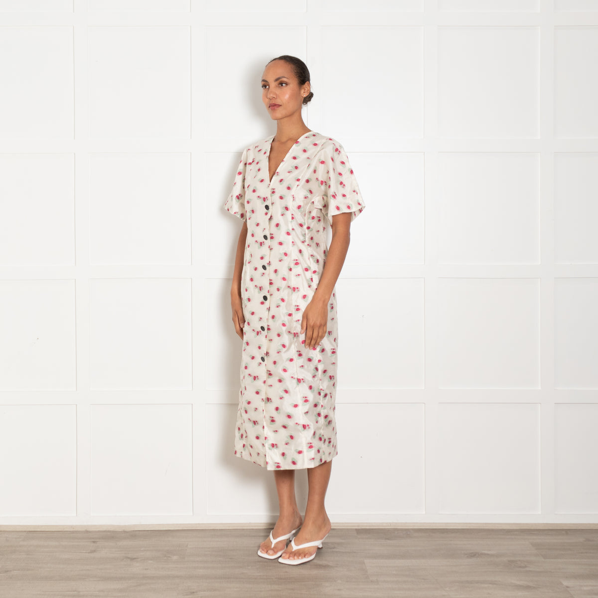 Ganni Cream Pink Floral Print Short Sleeve Midi Dress