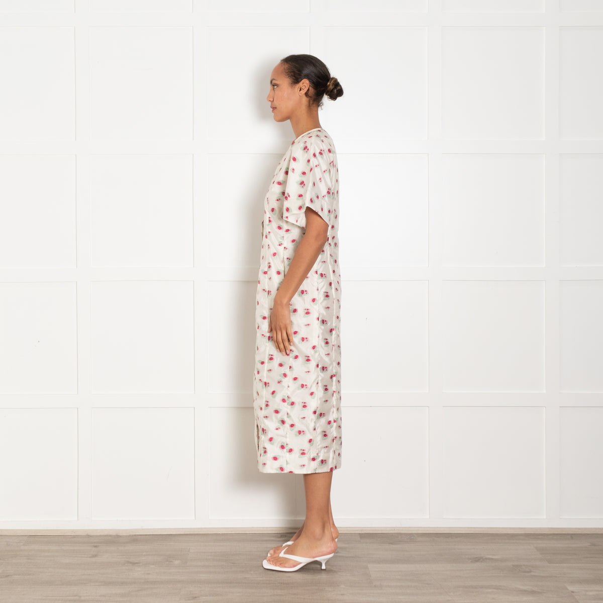 Ganni Cream Pink Floral Print Short Sleeve Midi Dress
