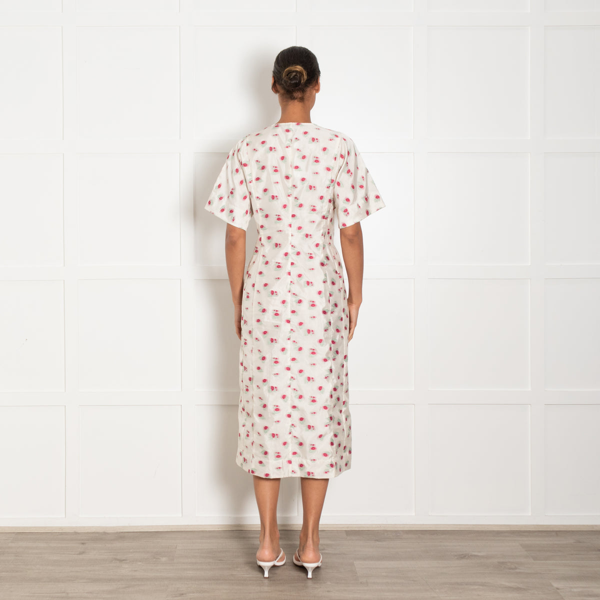 Ganni Cream Pink Floral Print Short Sleeve Midi Dress