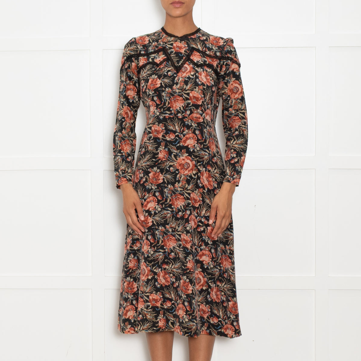 Sandro Black and Blush Floral Silk Long Sleeve Mini Dress