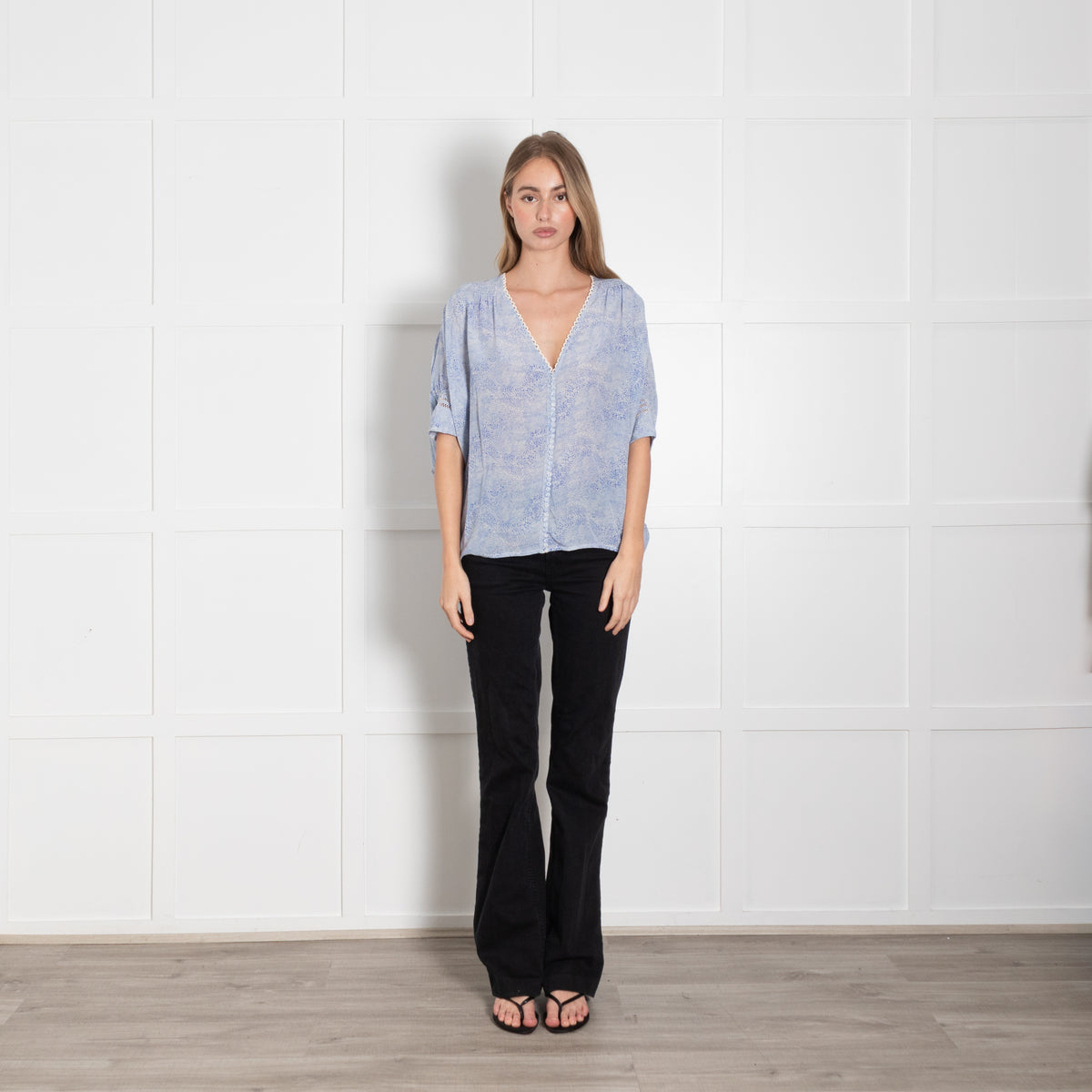 Pyrus x Trilogy Blue and White Poncho Style Silk Blouse