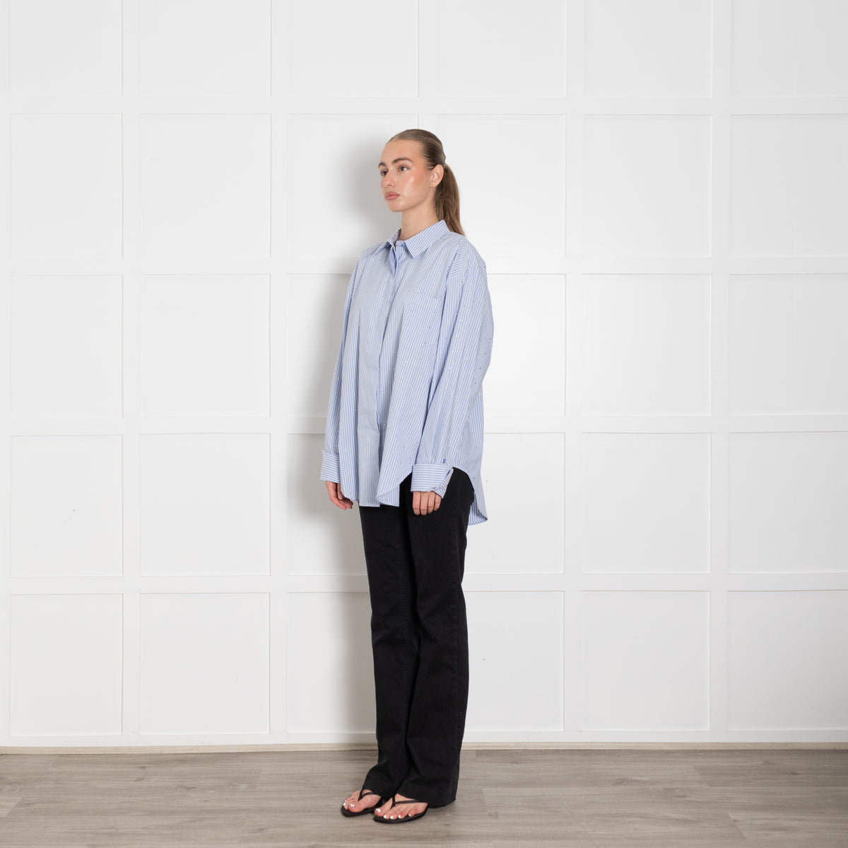 The Good American Rhinestone Stripe Poplin Blue Shirt