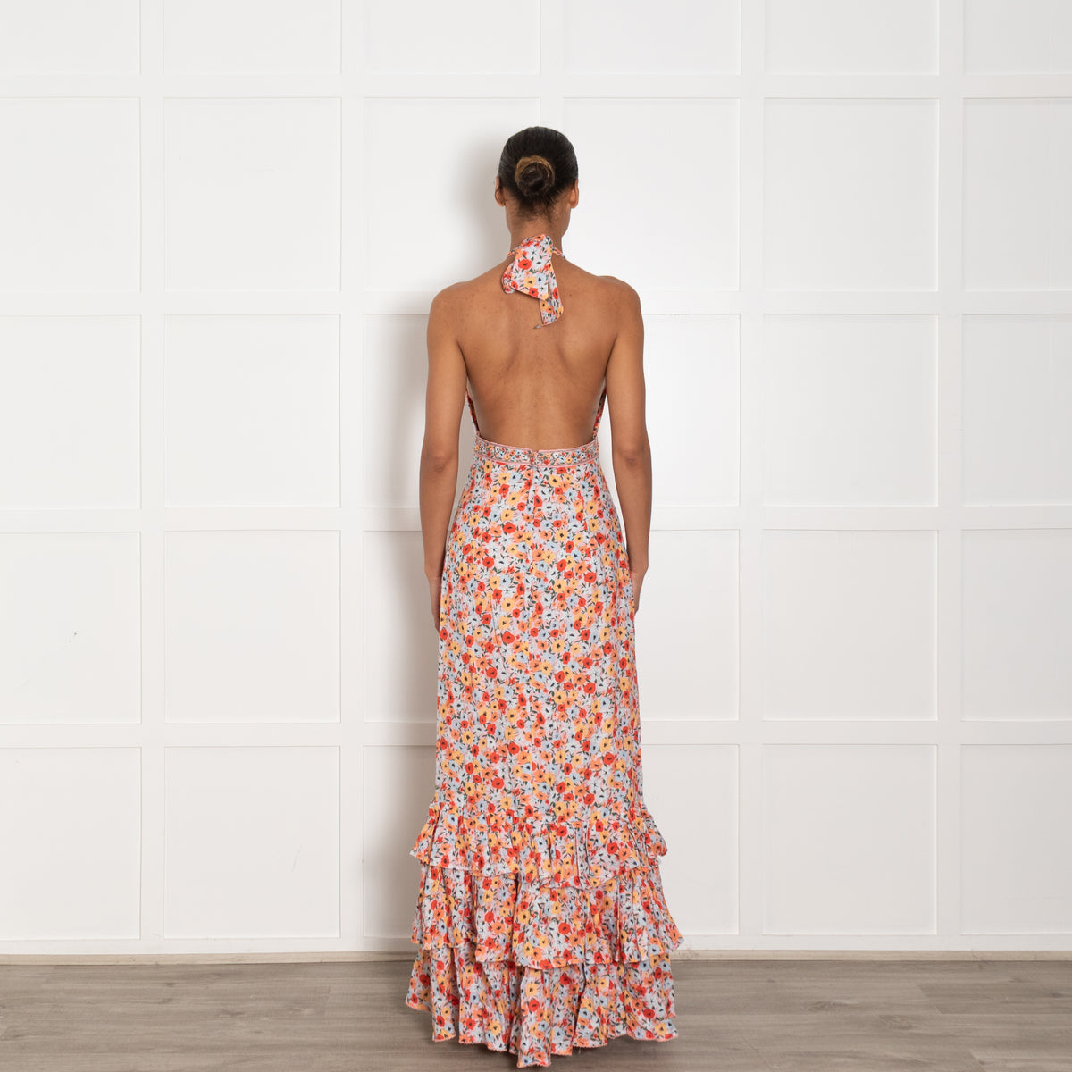 Agua Bendita Pink Blue Red Floral Linen Halter Maxi Dress