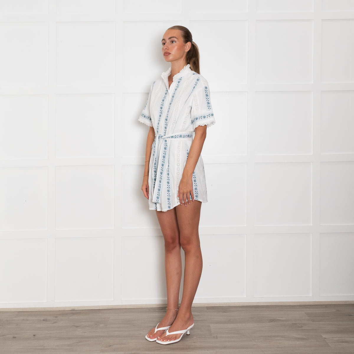 Sezane White Blue Embroidered Belted Mini Dress