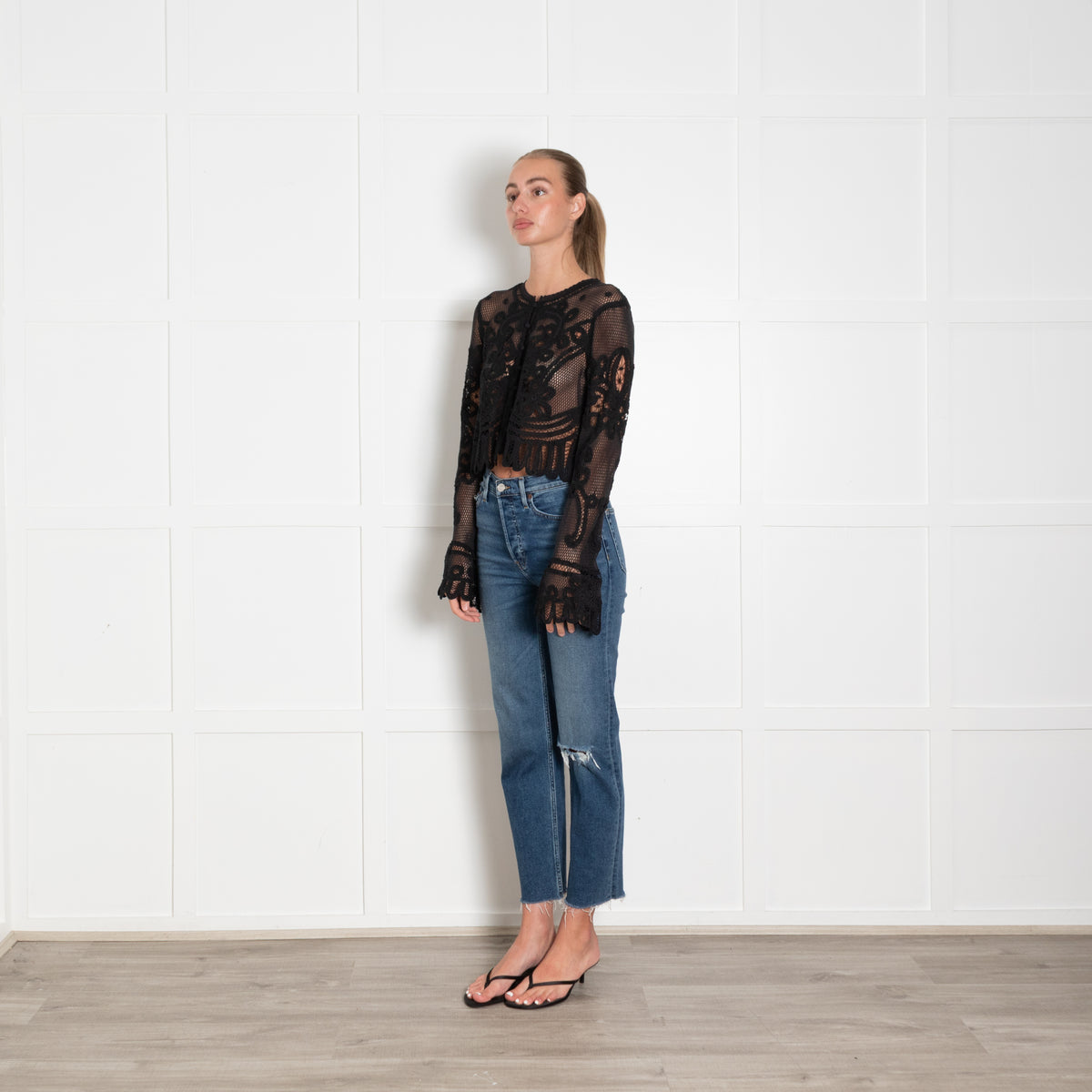 LoveShackFancy Black Lace Knit Flare Sleeve Cardigan