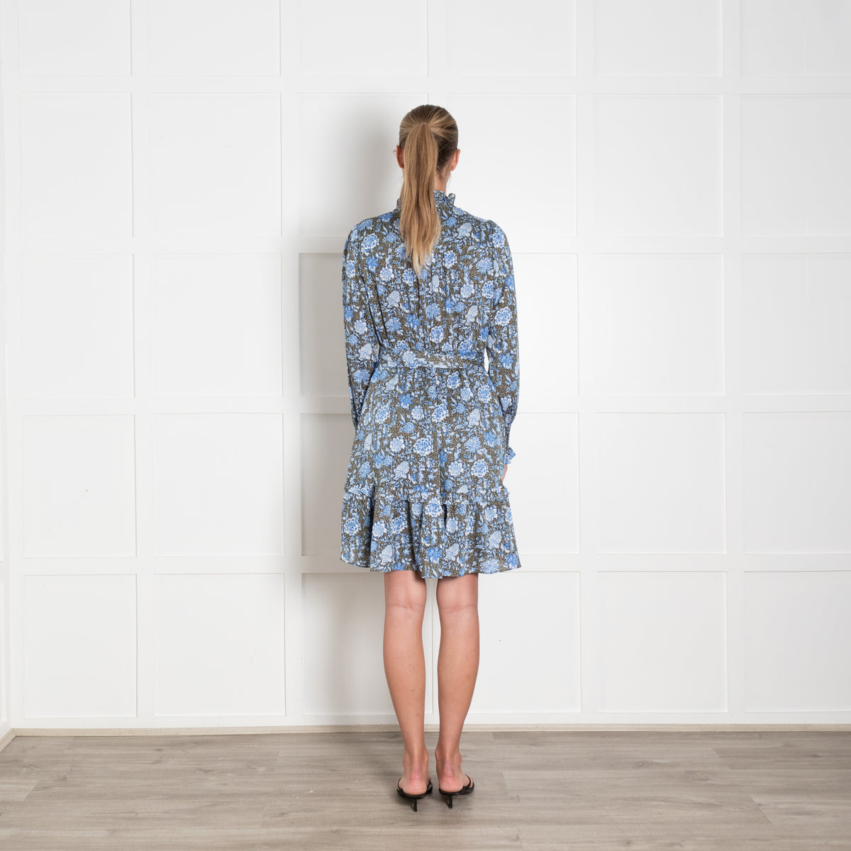 Me + Em Khaki Blue White Floral Frill Detail Mini Dress