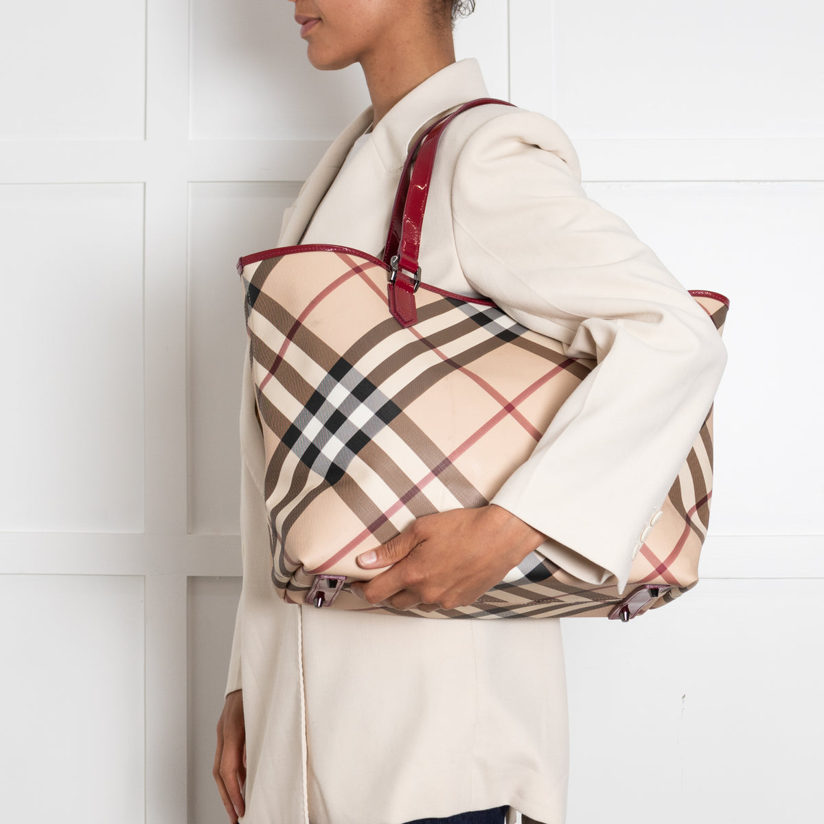 Burberry Nova Check Tote Bag with Red Patent Handles