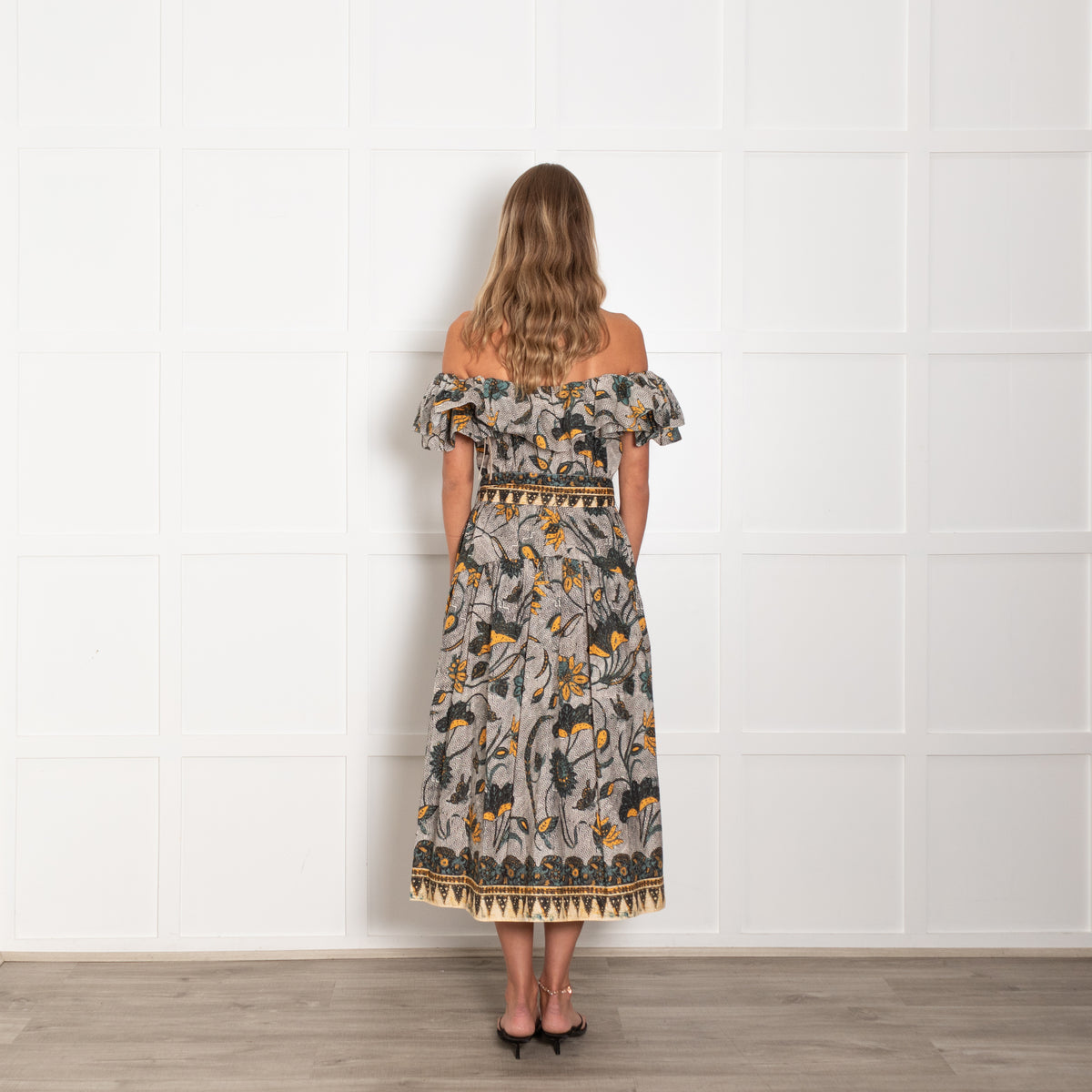 Ulla Johnson White Green Yellow Floral Off The Shoulder Ruffle Dress