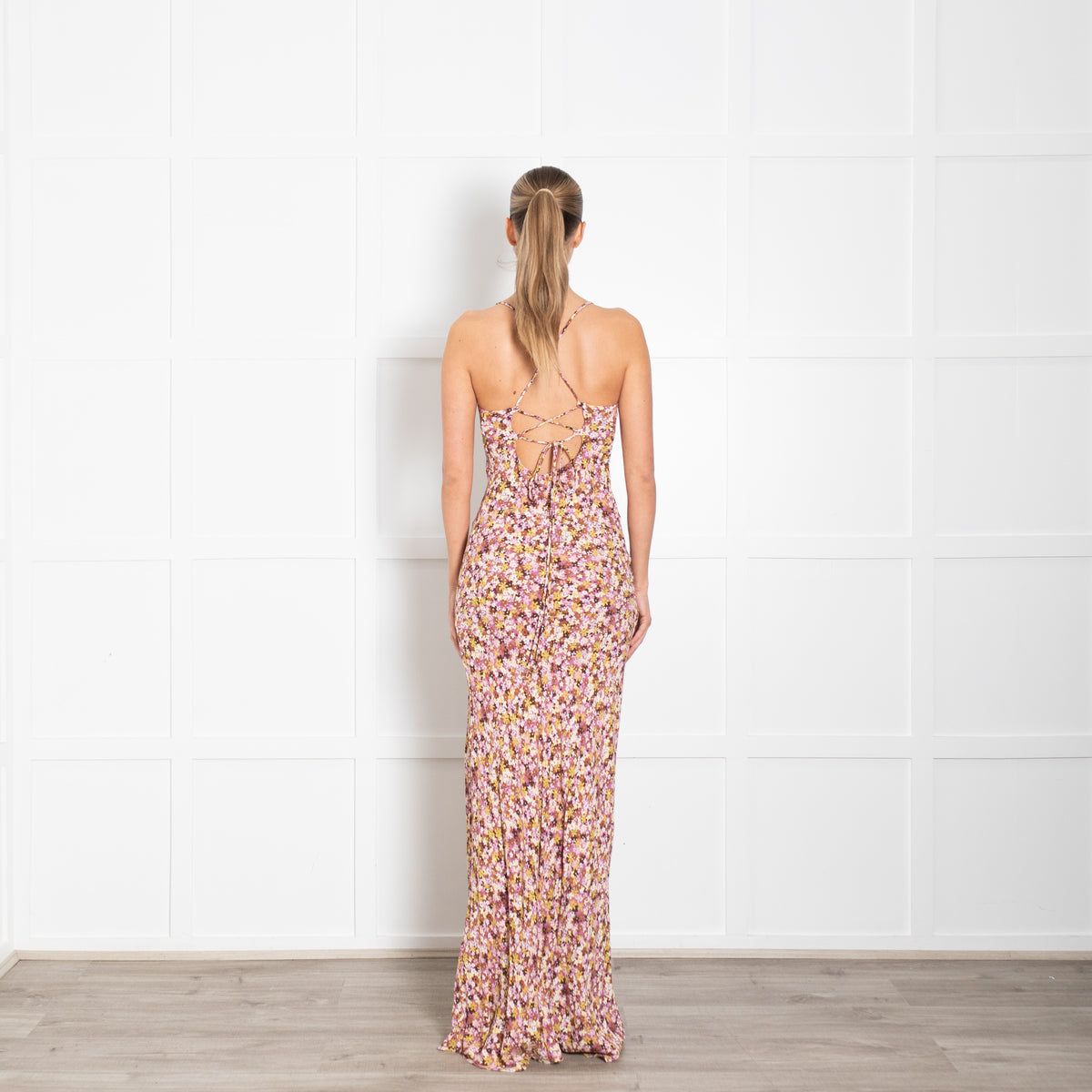 Faithfull The Brand Pink Brown Yellow Floral Maxi Dress With Lace Up Back