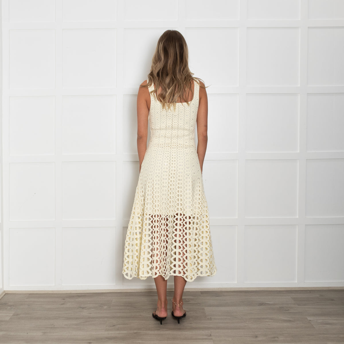 Maje Butter Yellow Crochet Crystal Midi Dress