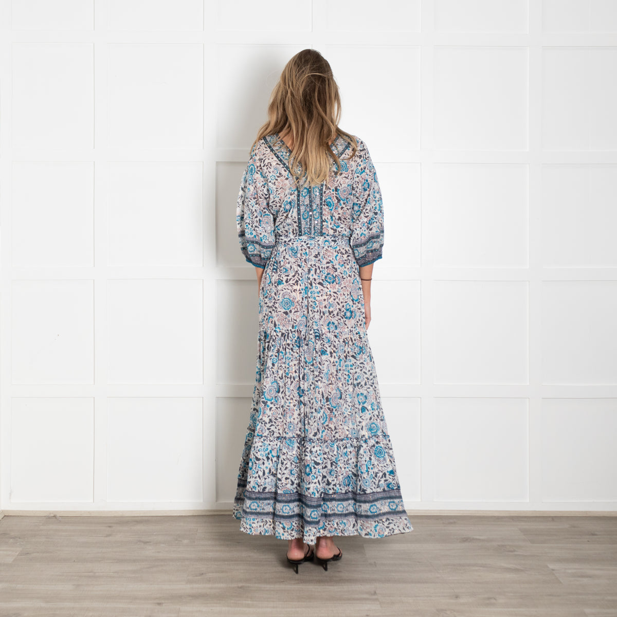 Poupette St Barth White Blue Floral Gold Lurex Stripe Maxi Dress