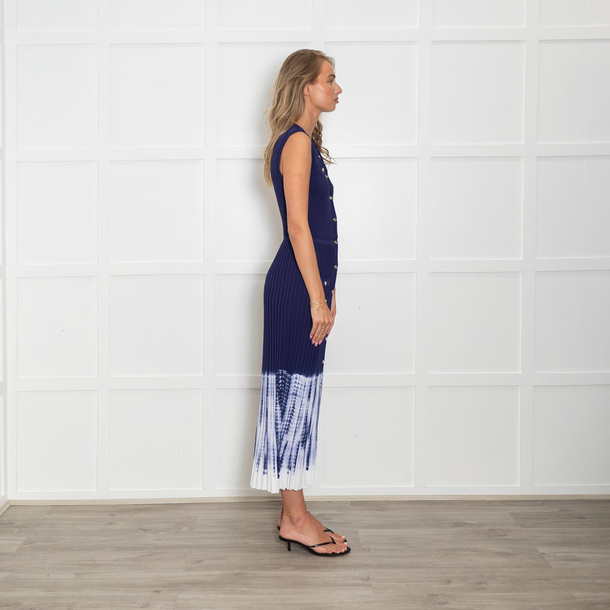 Maje Navy Collarless Midi Dress with Tie Dye Skirt