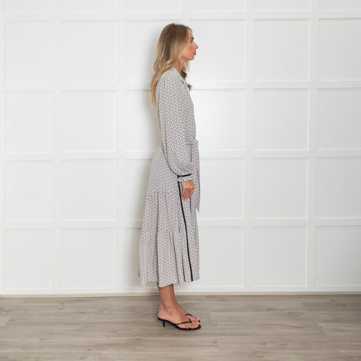 Me + Em Geometric Green and White Maxi Dress with Tie