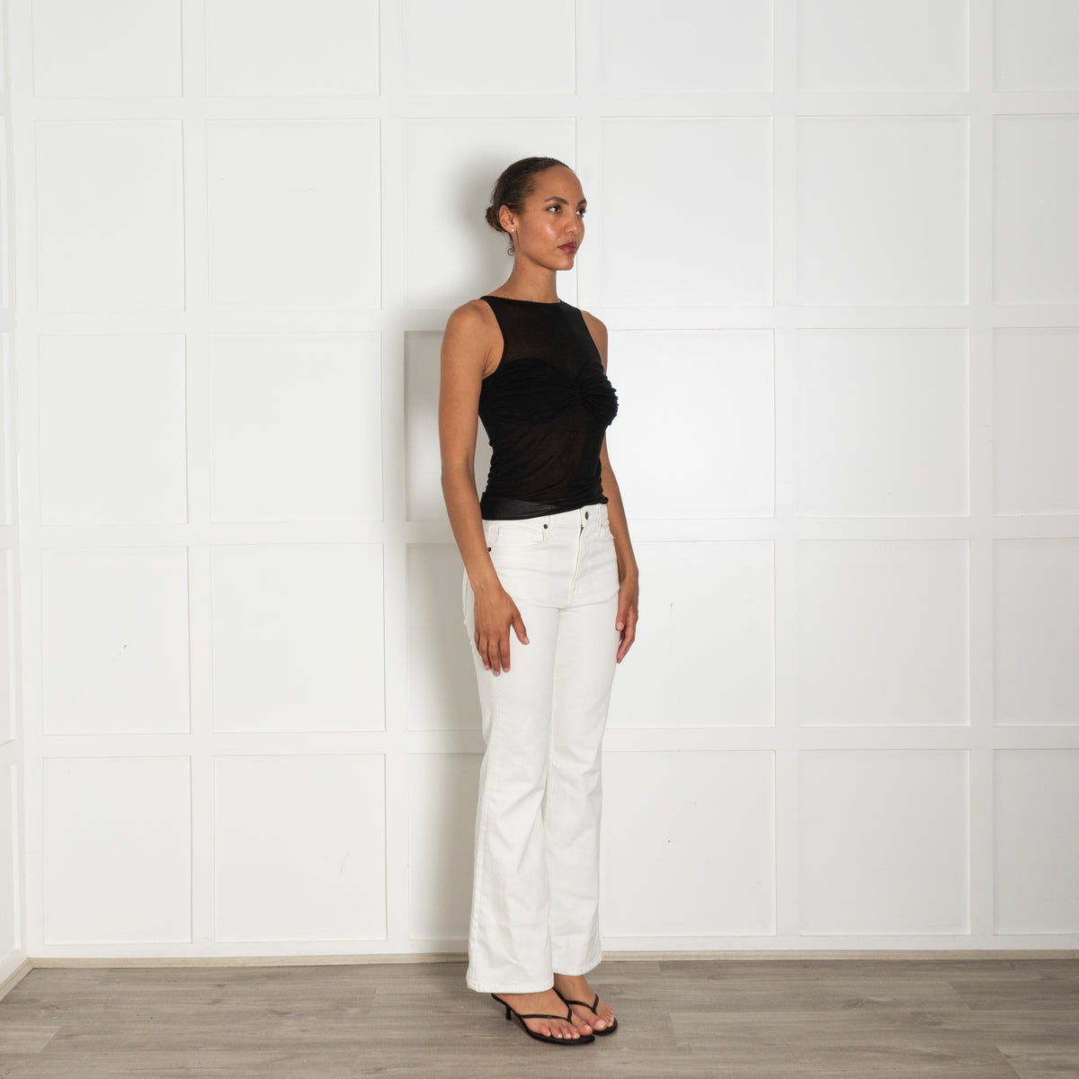 Reformation Black Sheer Tank Top With Ruched Chest Detail