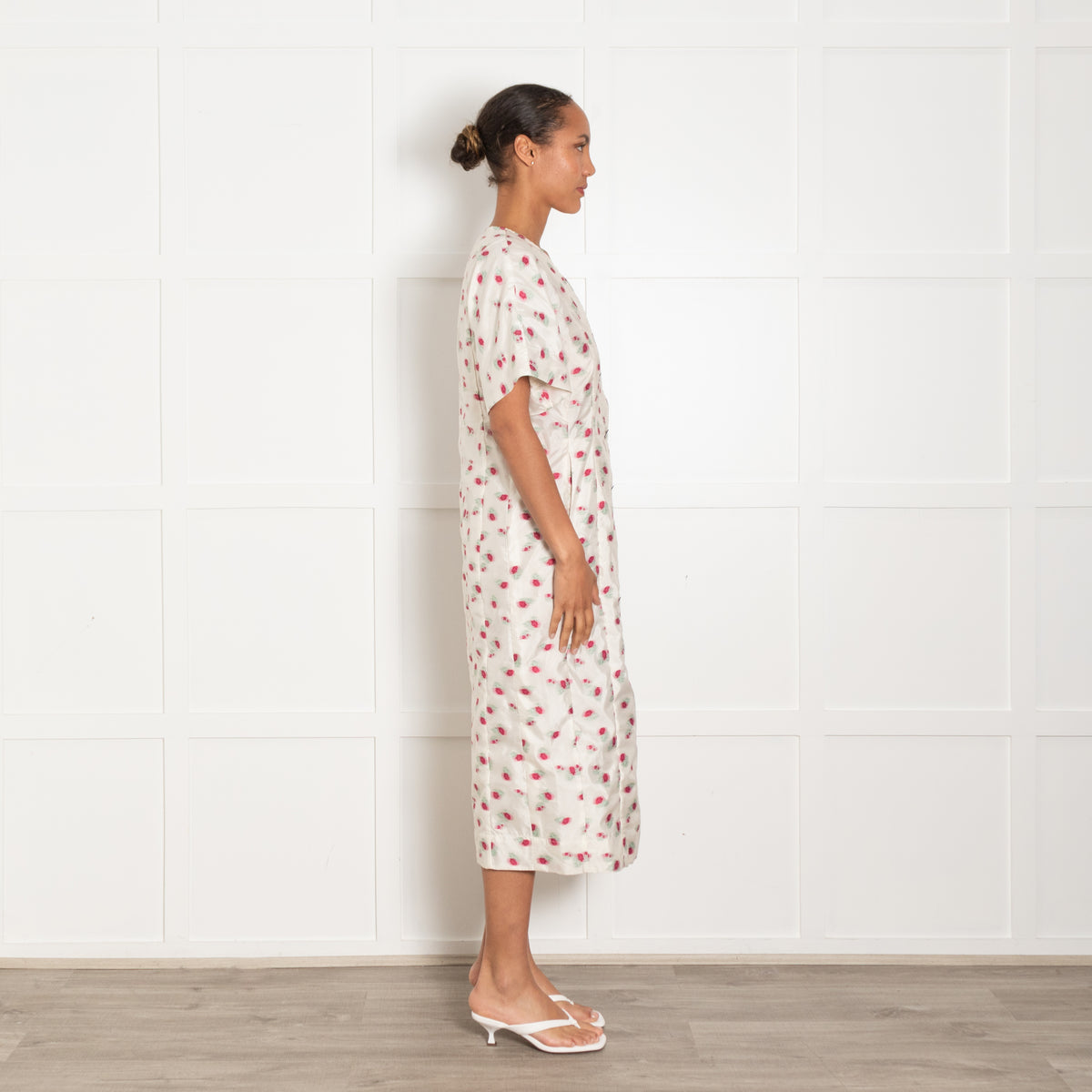 Ganni Cream Pink Floral Print Short Sleeve Midi Dress