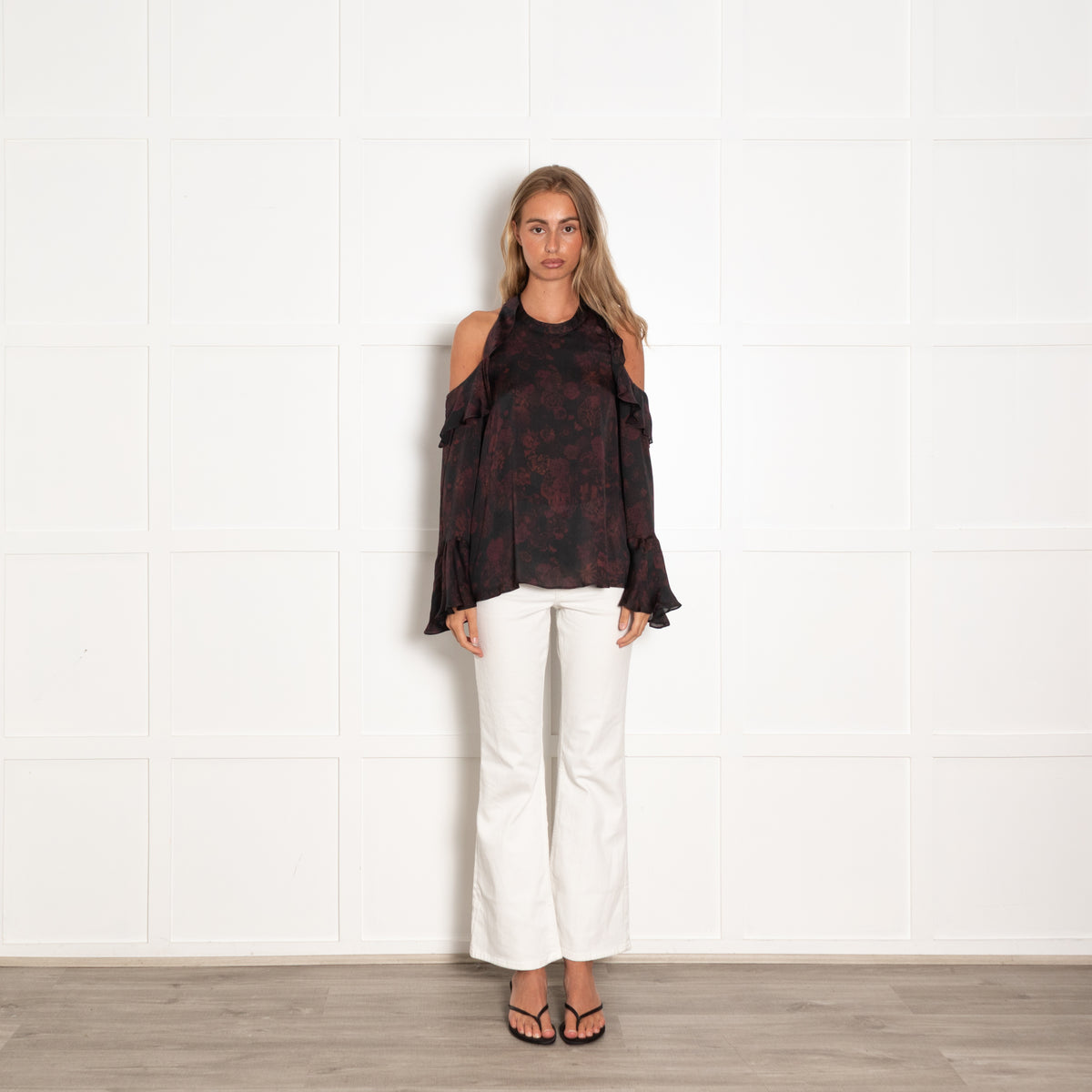 Iro Black Burgundy Cut Out Shoulder Long Sleeve Top