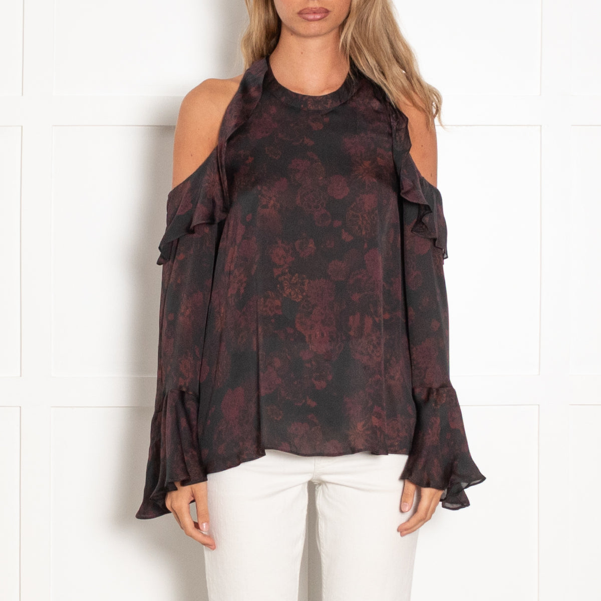 Iro Black Burgundy Cut Out Shoulder Long Sleeve Top