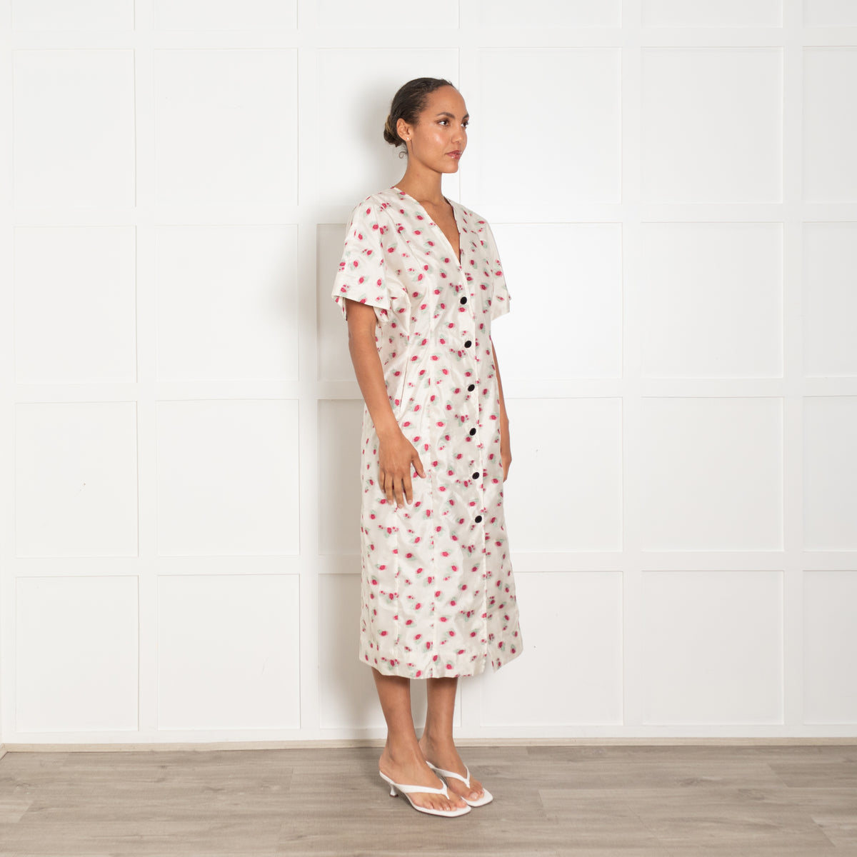 Ganni Cream Pink Floral Print Short Sleeve Midi Dress