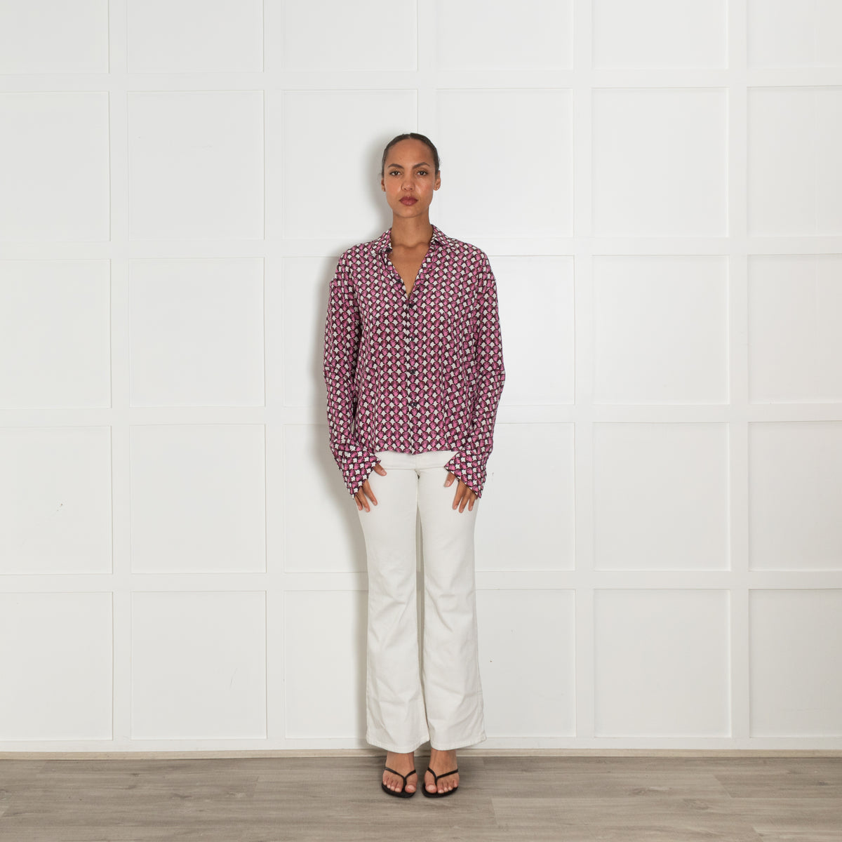 Marni White Silk Shirt With Pink Shell Block Print