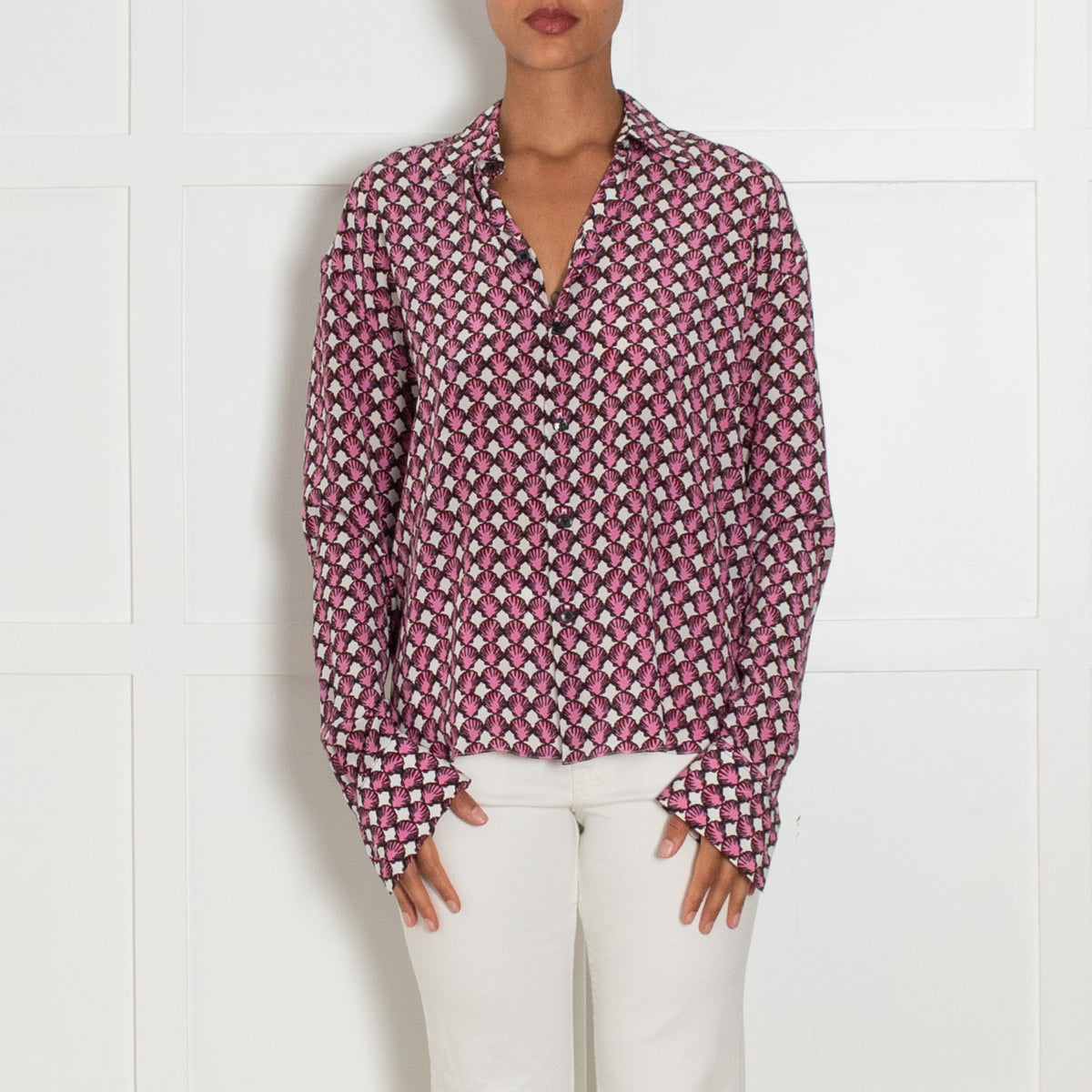 Marni White Silk Shirt With Pink Shell Block Print