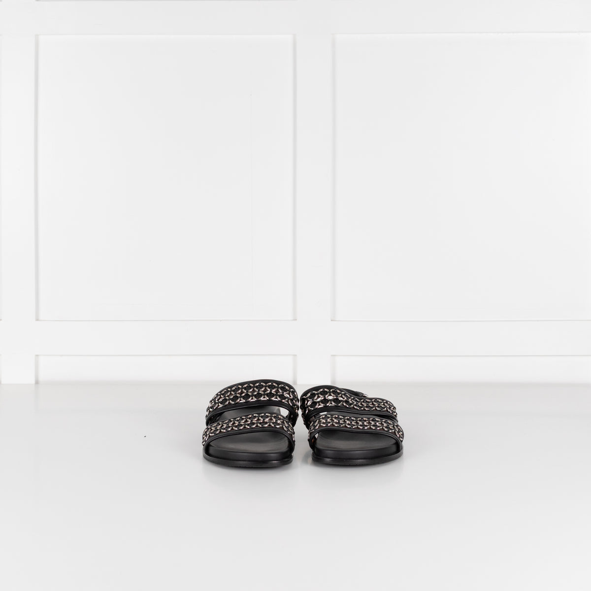 Alaia Black Leather Silver Eyelet Slingback Flat Sandals
