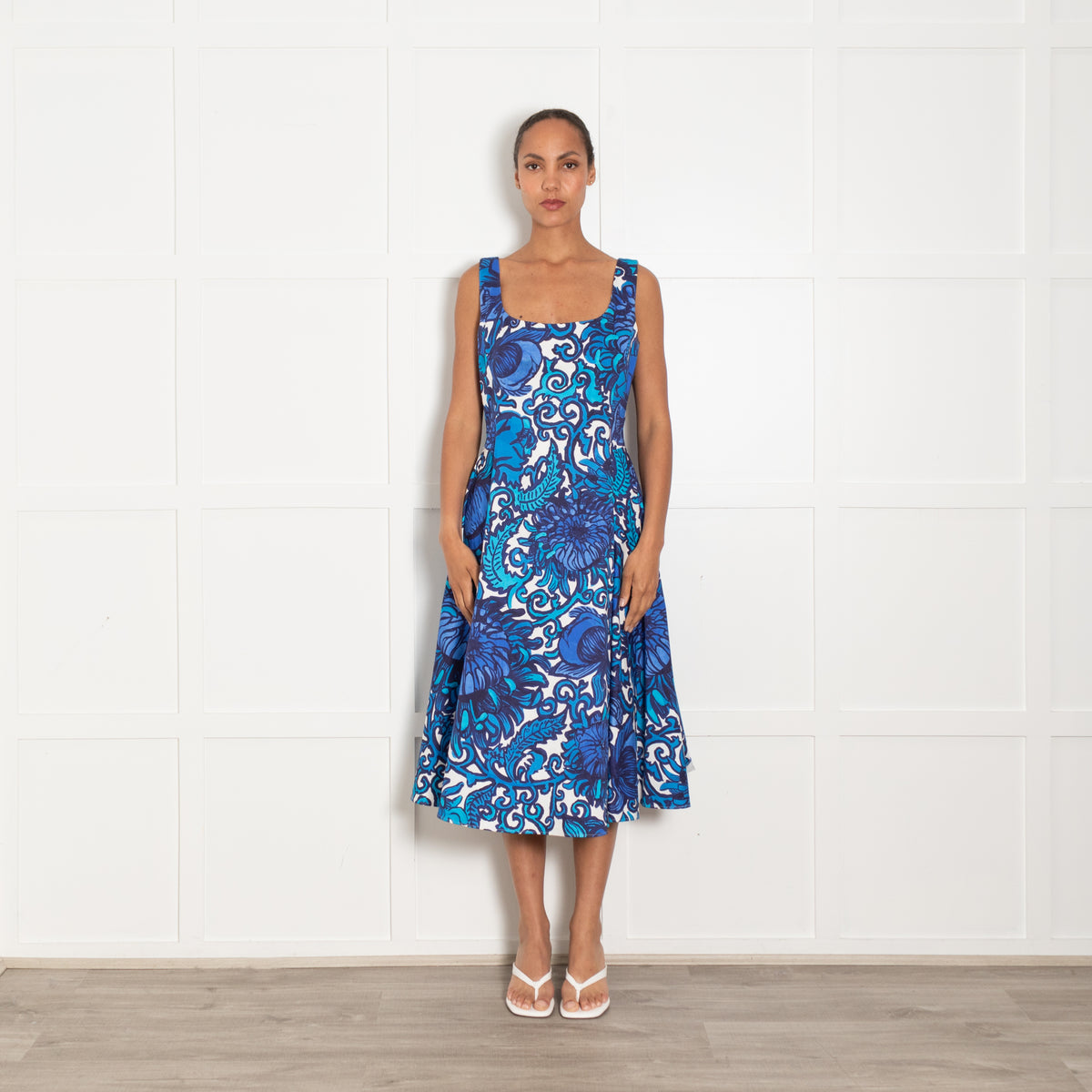 La Double J White Blue Cotton Large Floral Print Sleeveless Dress