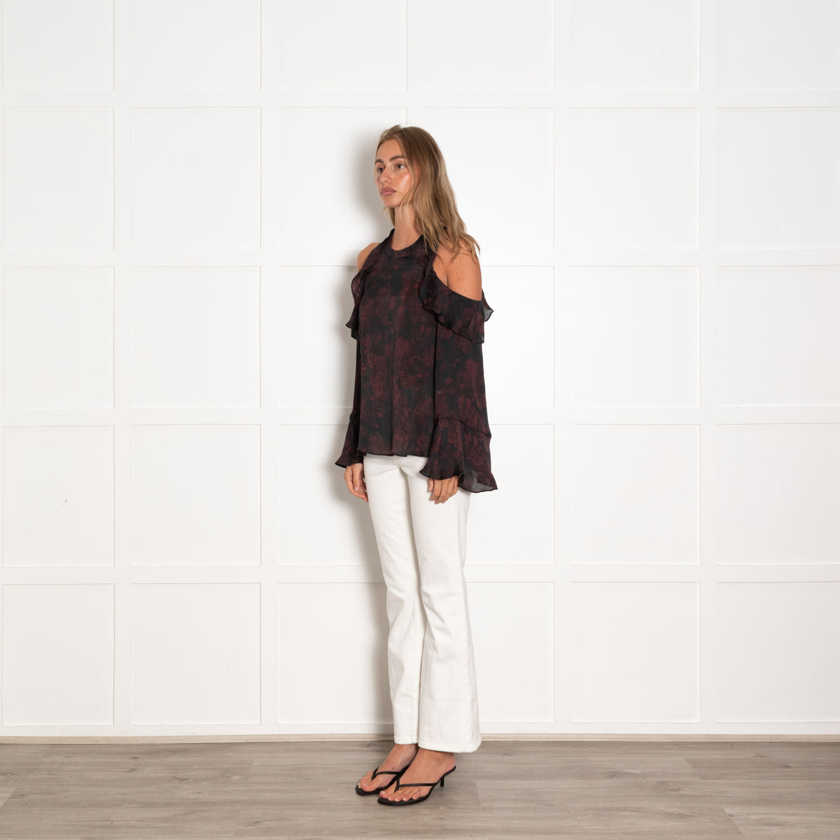 Iro Black Burgundy Cut Out Shoulder Long Sleeve Top