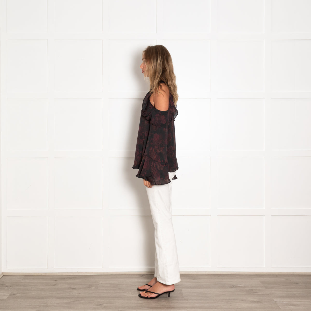 Iro Black Burgundy Cut Out Shoulder Long Sleeve Top