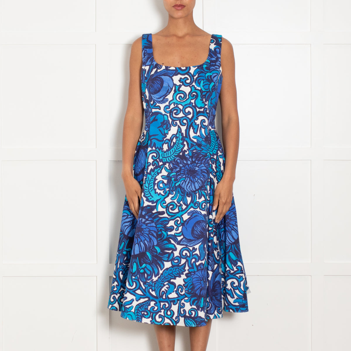 La Double J White Blue Cotton Large Floral Print Sleeveless Dress