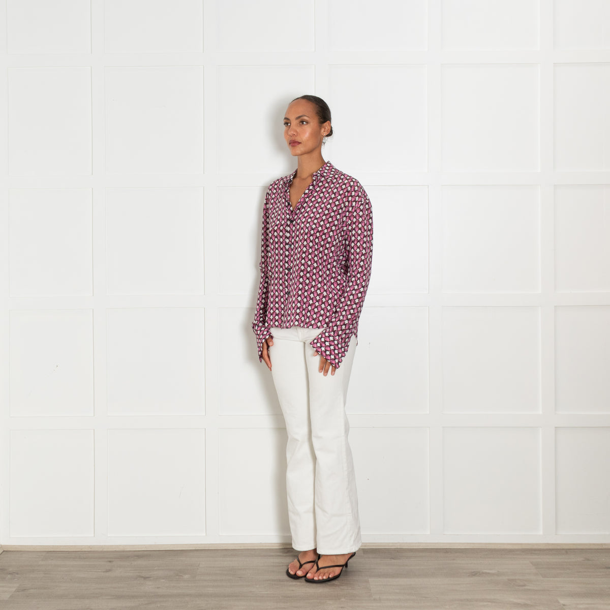 Marni White Silk Shirt With Pink Shell Block Print