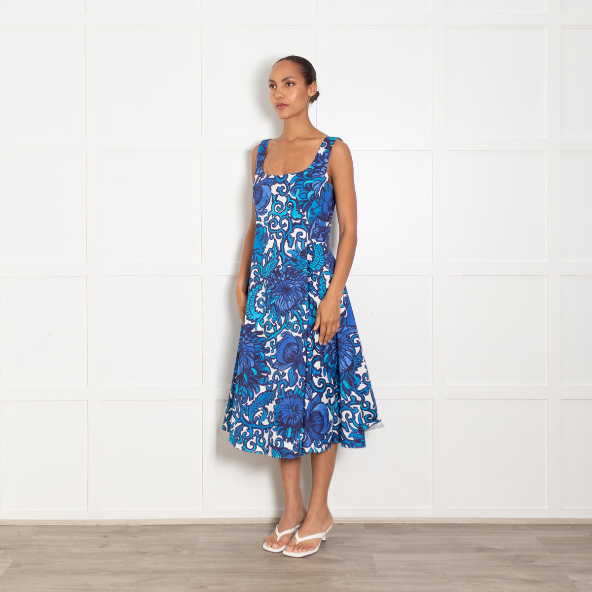 La Double J White Blue Cotton Large Floral Print Sleeveless Dress