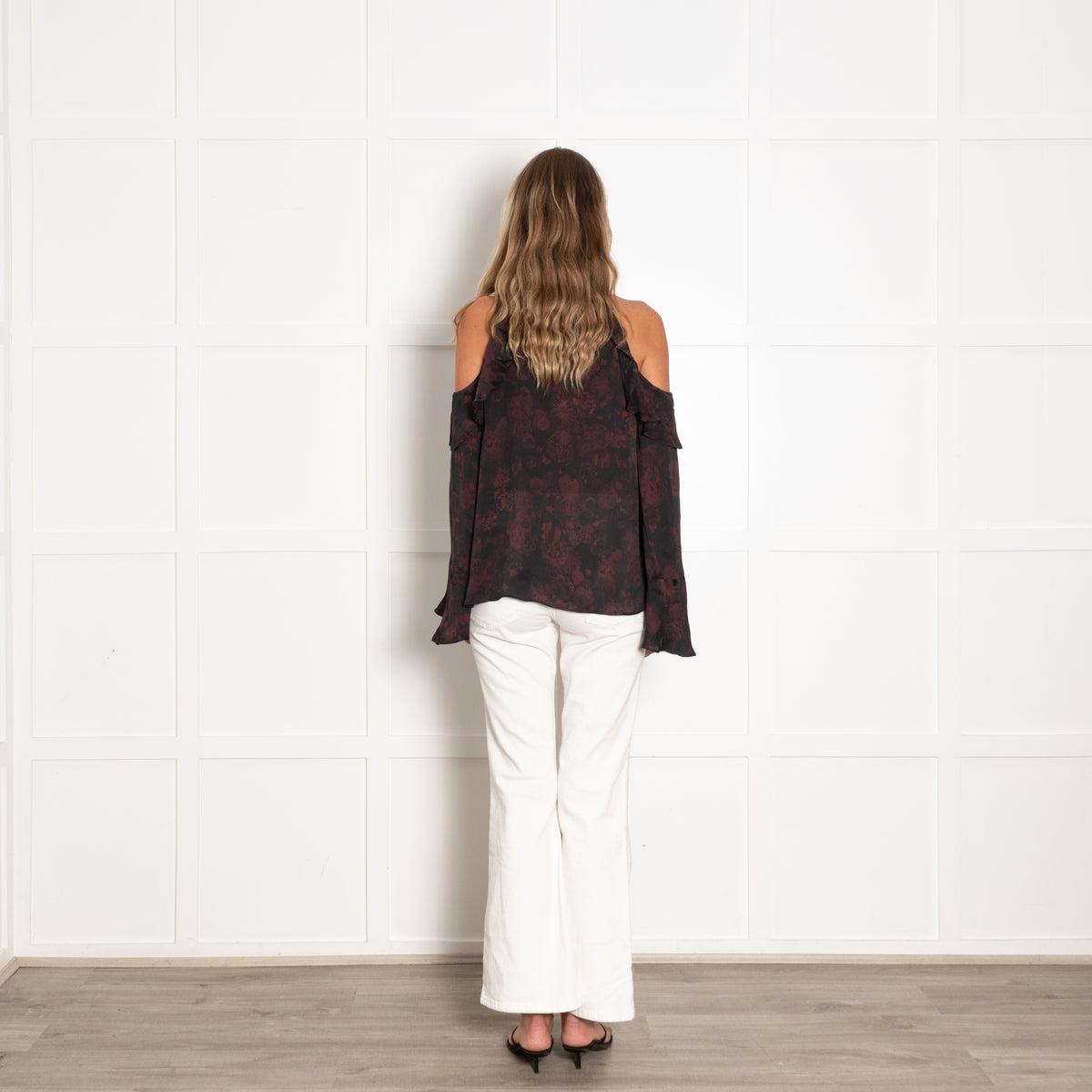 Iro Black Burgundy Cut Out Shoulder Long Sleeve Top