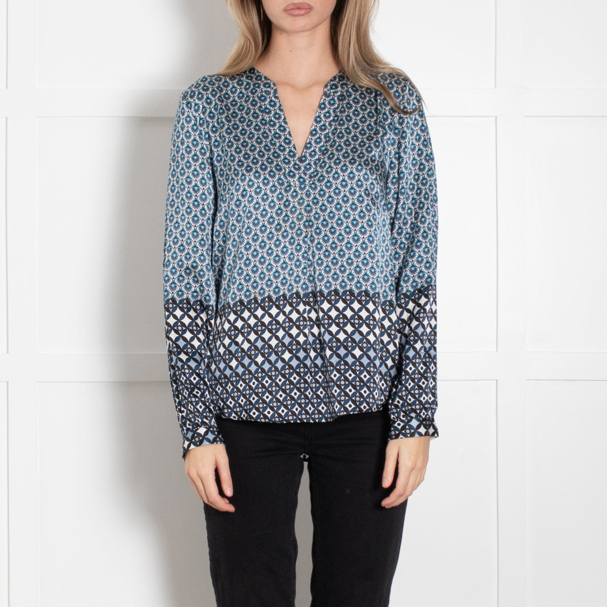 Charlotte Sparre Blue Cream Geometric Flower Print Silk Blouse