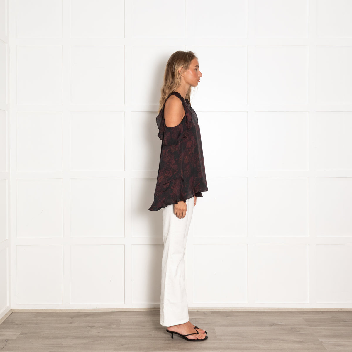 Iro Black Burgundy Cut Out Shoulder Long Sleeve Top