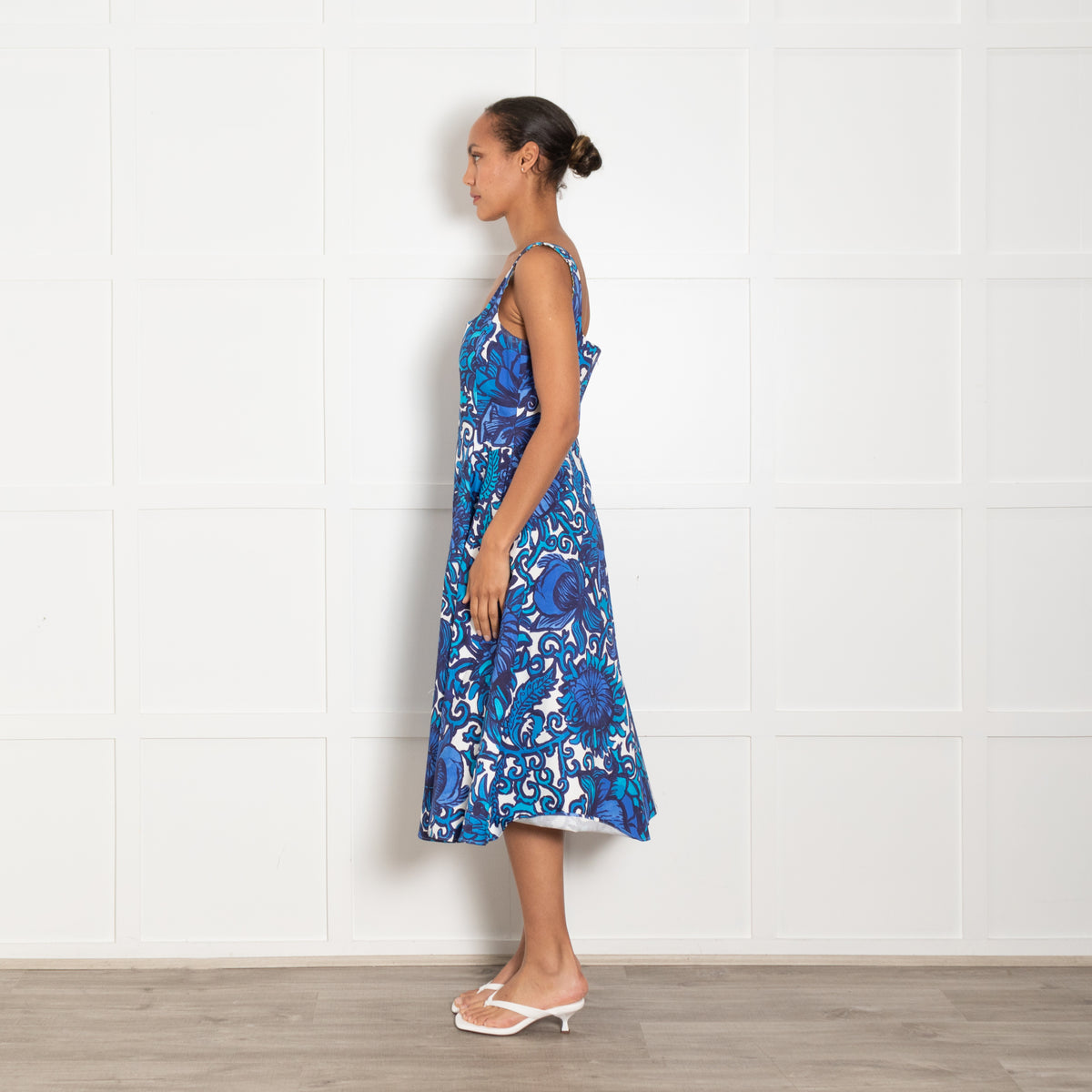 La Double J White Blue Cotton Large Floral Print Sleeveless Dress