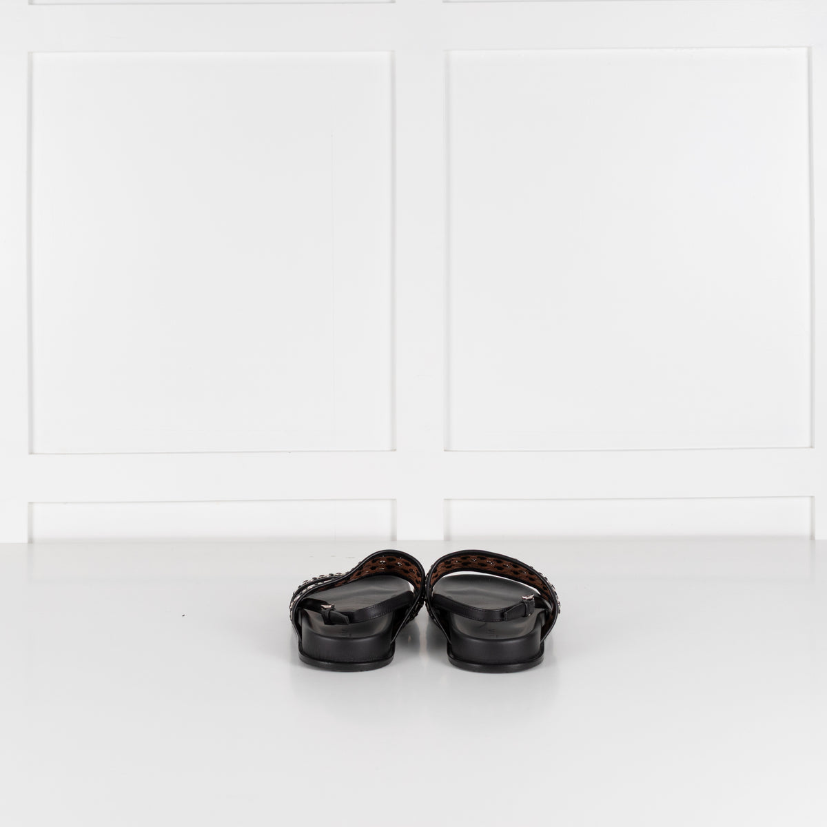 Alaia Black Leather Silver Eyelet Slingback Flat Sandals
