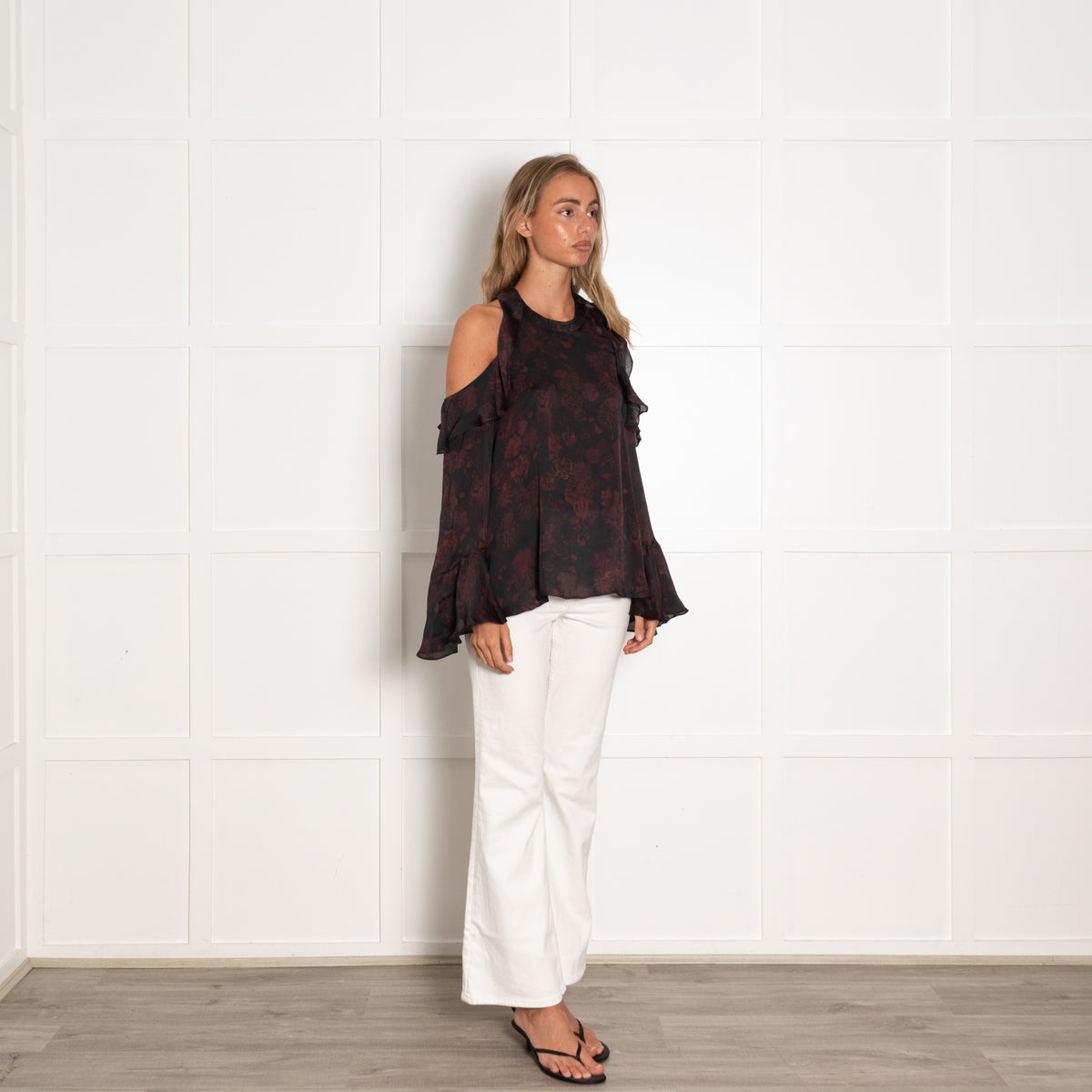 Iro Black Burgundy Cut Out Shoulder Long Sleeve Top