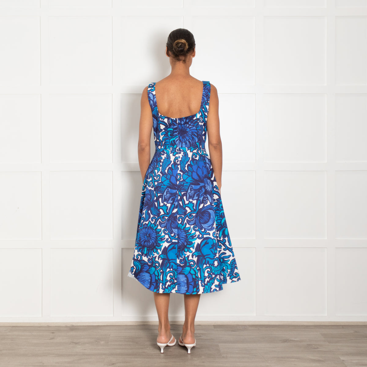La Double J White Blue Cotton Large Floral Print Sleeveless Dress