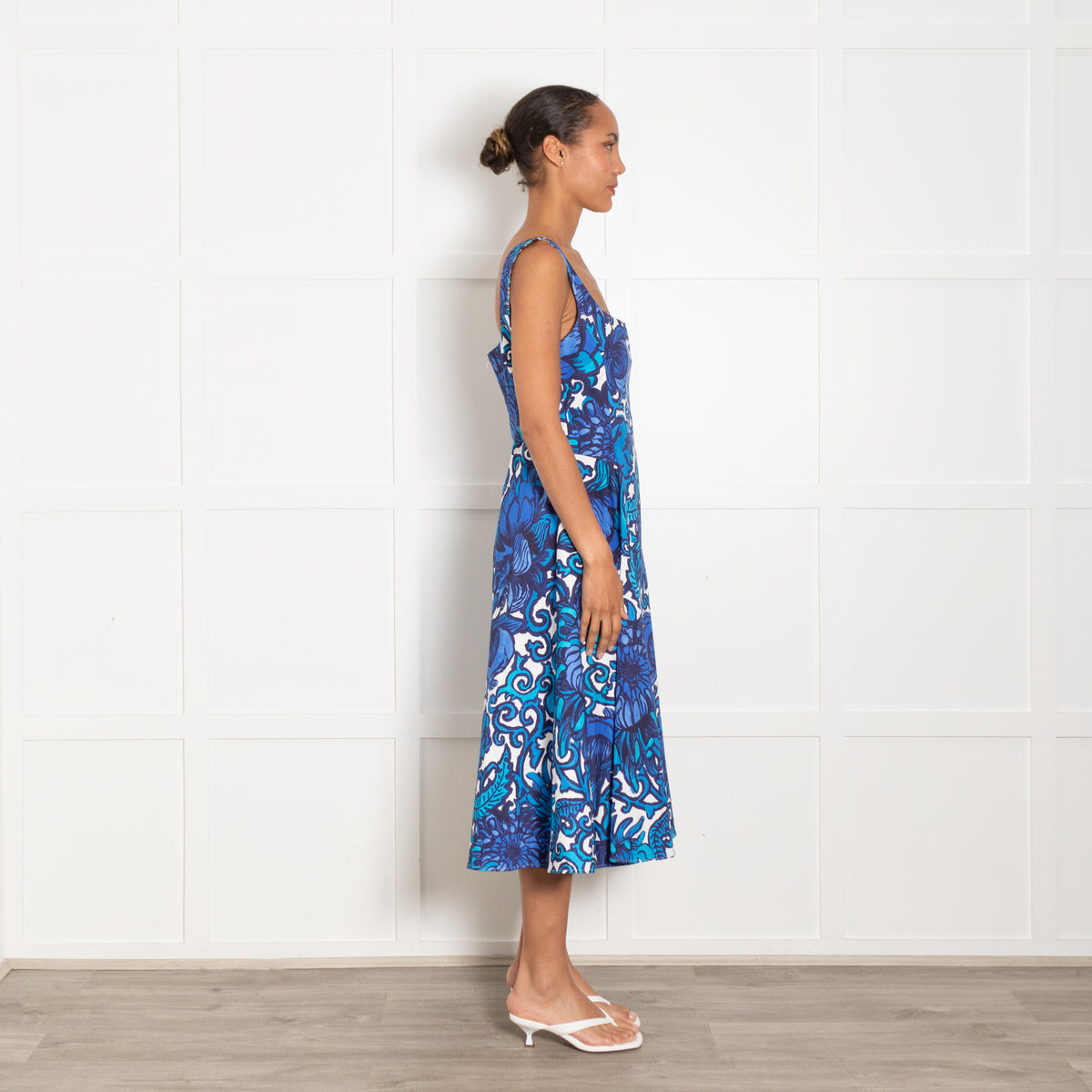 La Double J White Blue Cotton Large Floral Print Sleeveless Dress
