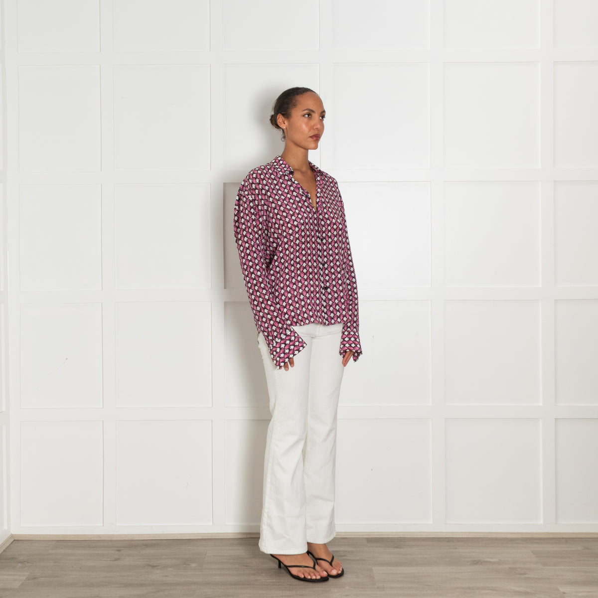 Marni White Silk Shirt With Pink Shell Block Print