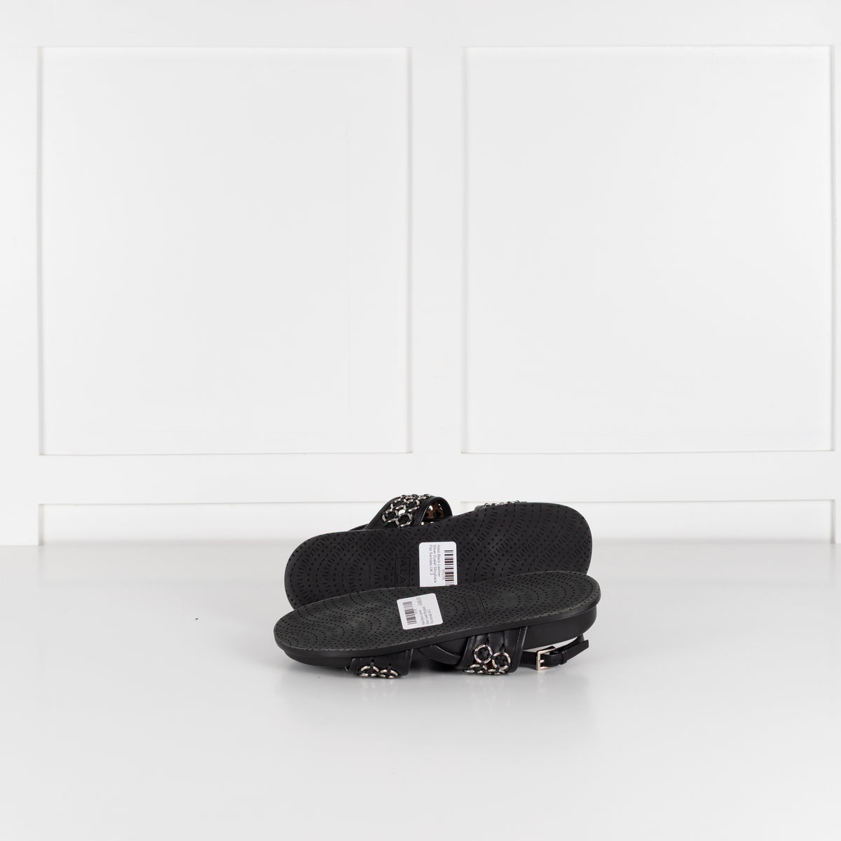 Alaia Black Leather Silver Eyelet Slingback Flat Sandals