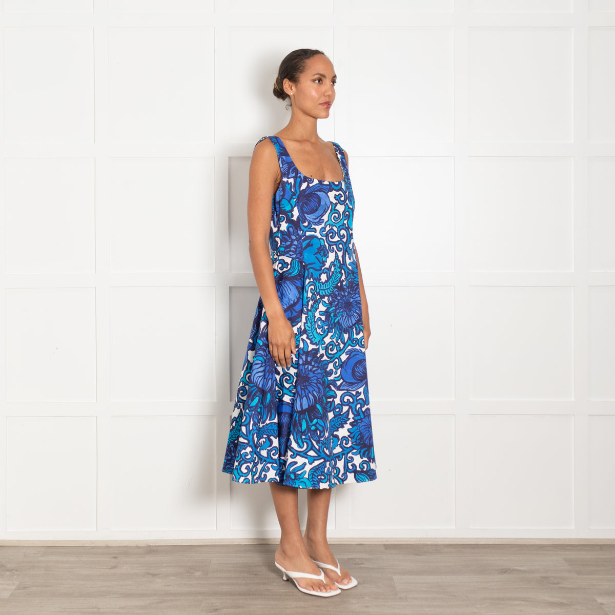 La Double J White Blue Cotton Large Floral Print Sleeveless Dress