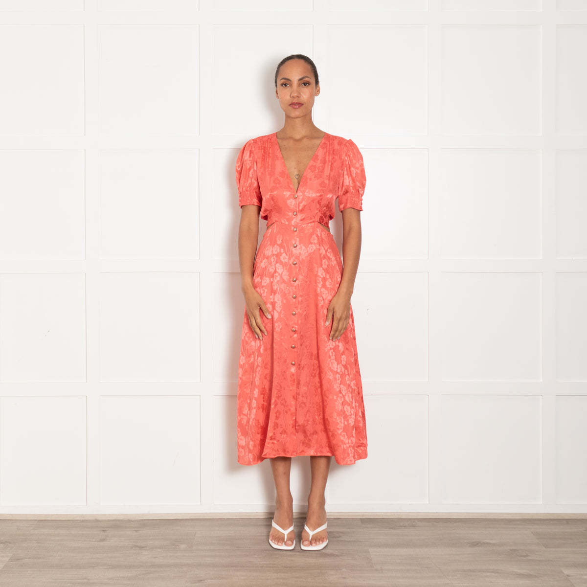 Saloni Orange Floral Cut Out Detail Short Sleeve Dress