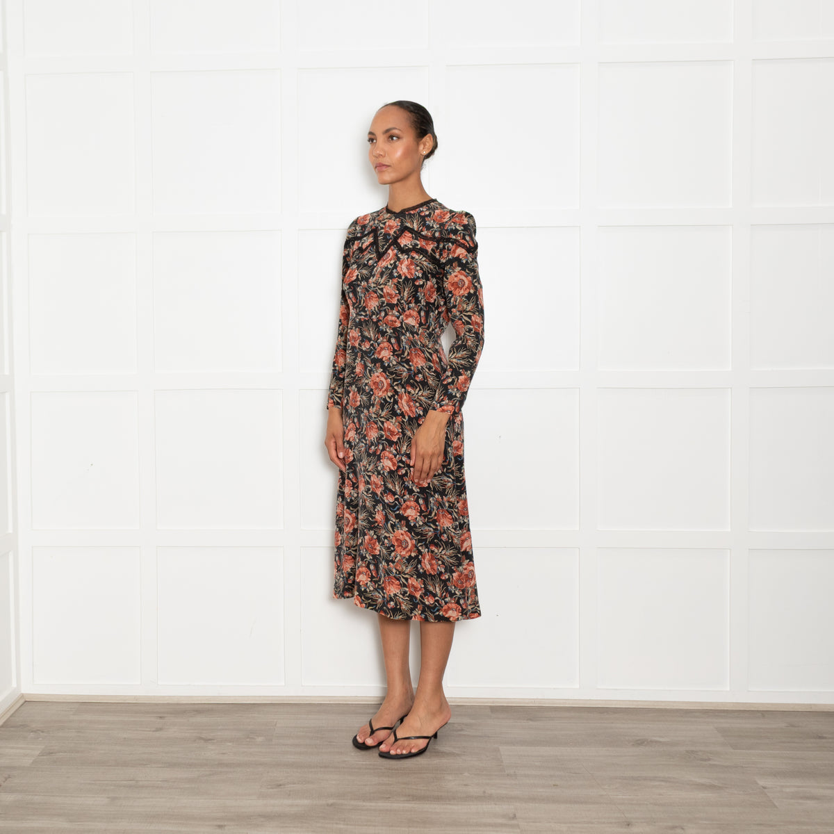 Sandro Black and Blush Floral Silk Long Sleeve Mini Dress